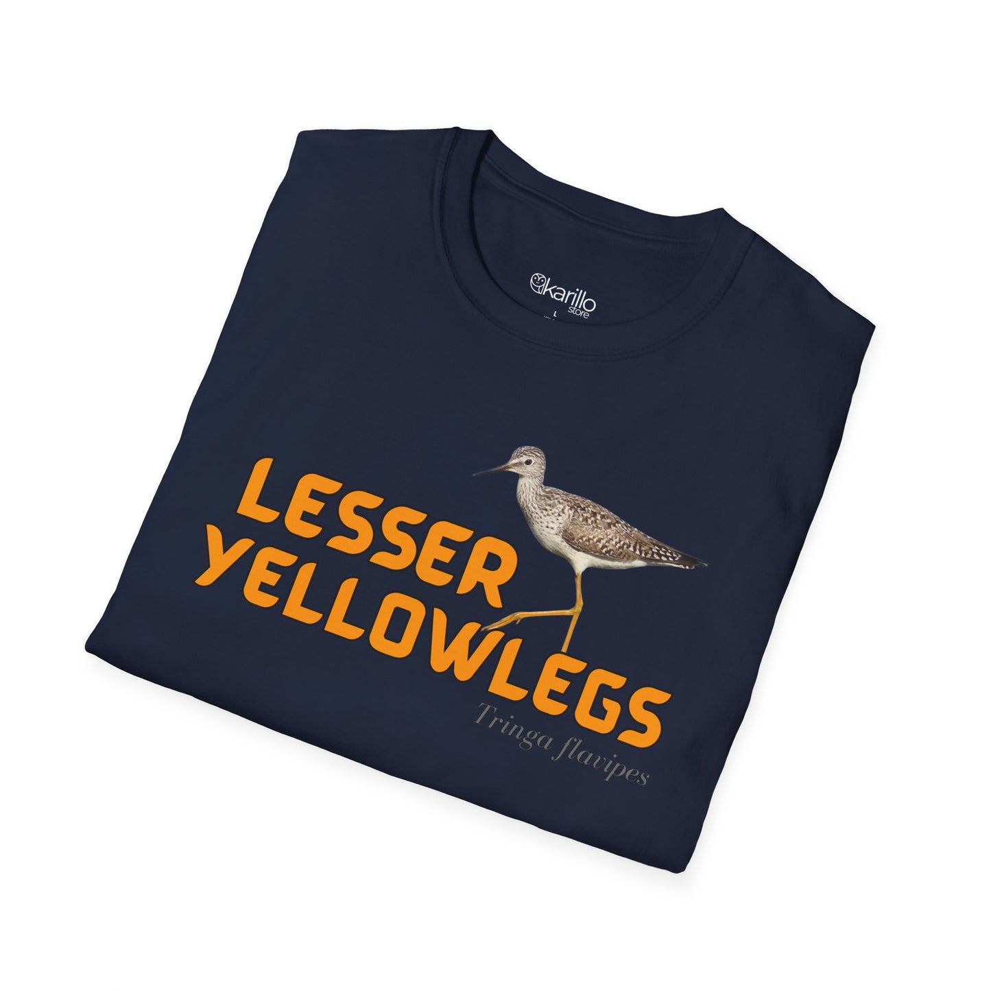 Folded view navy blue t-shirt with 'lesser yellowlegs' text and bird image on a white background