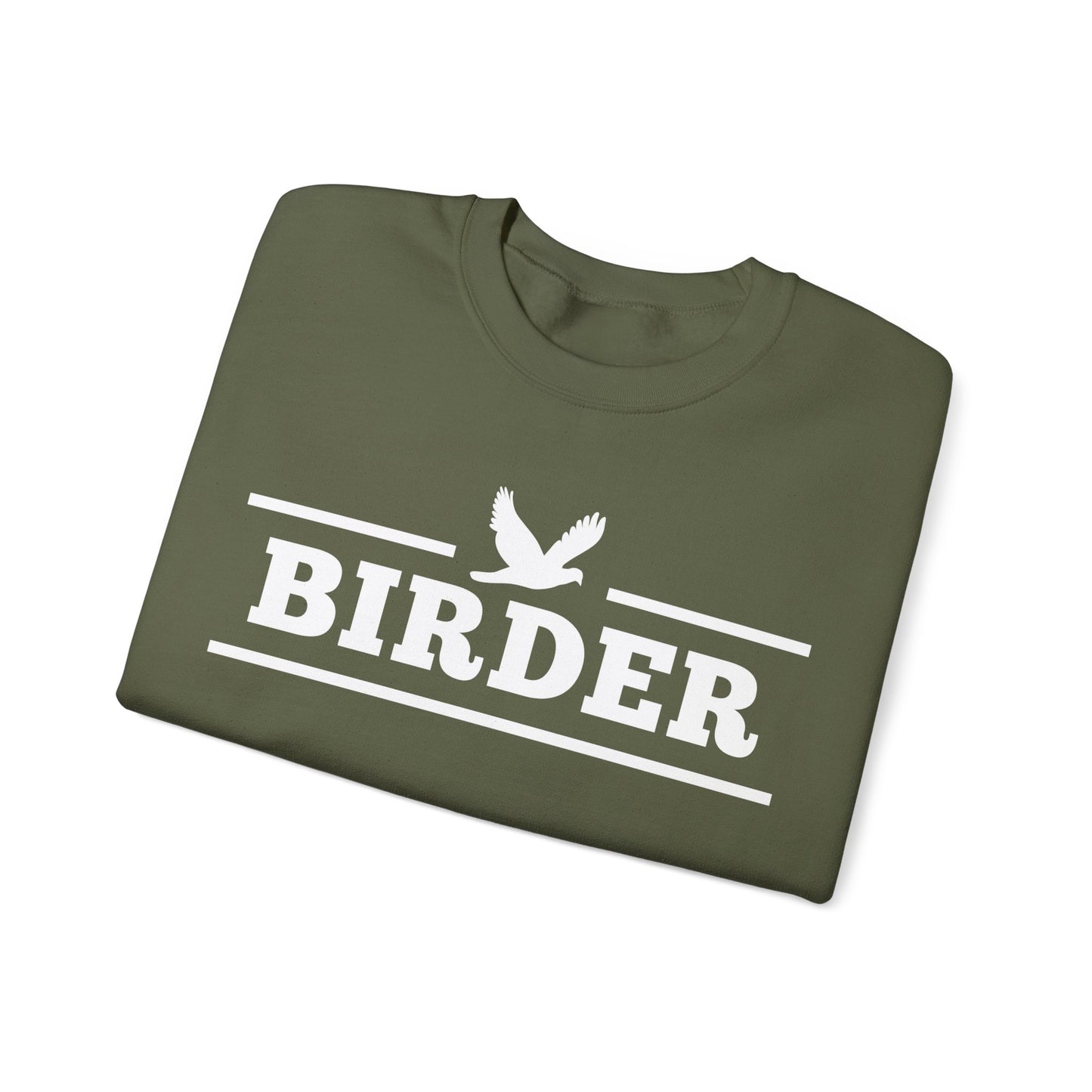 Folded green t-shirt with 'BIRDER' and a bird graphic on a white background