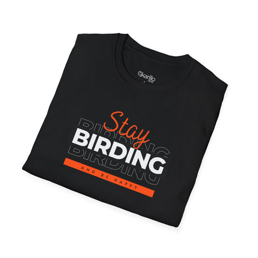 Folded black t-shirt with 'Stay Birding' text design on a white background
