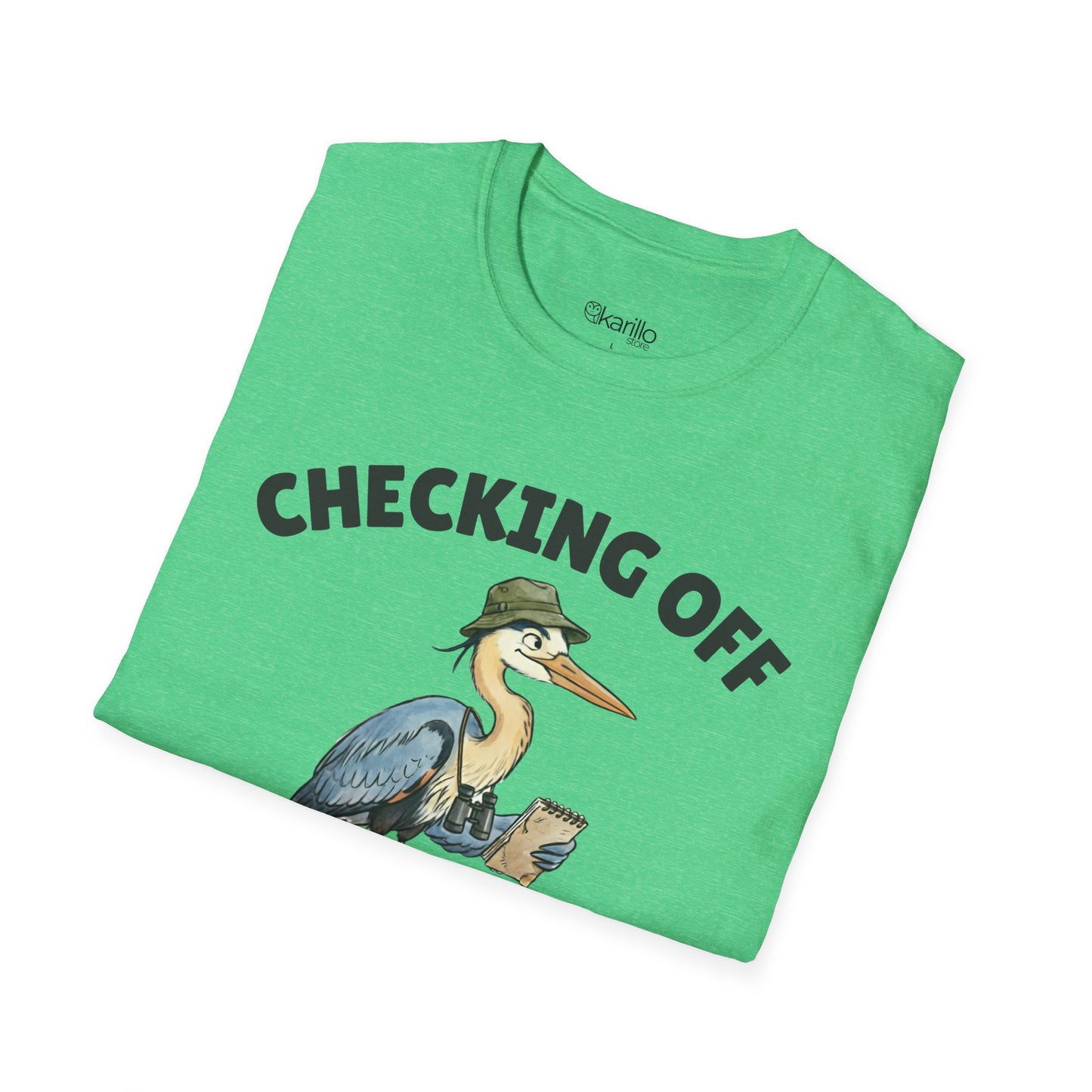 Folded green short-sleeve t-shirt with a graphic of a heron wearing a green hat and holding checklist and binoculars, with the text 'CHECKING OFF A NEW LIFER' with a white blackground.