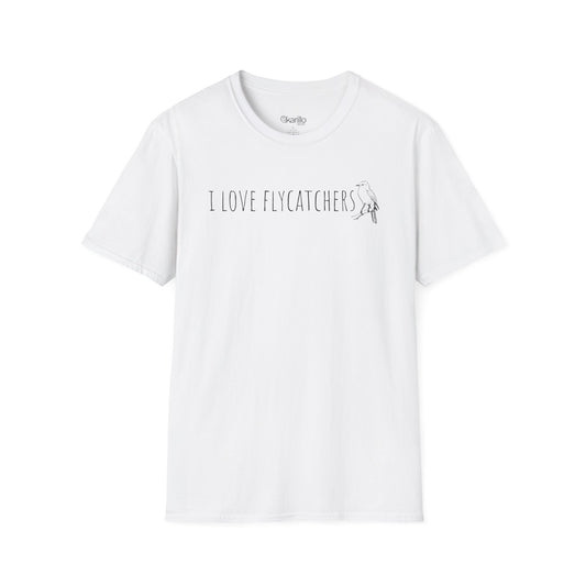 White t-shirt with 'I LOVE FLYCATCHERS' text and graphic on a white background