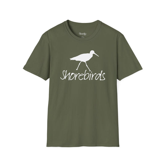 Front view of a unisex "Shorebirds" graphic military green T-shirt featuring an elegant all-white shorebird illustration