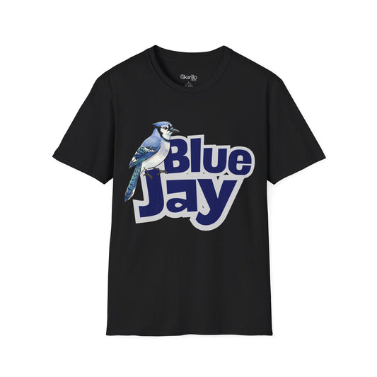 Black t-shirt with a blue jay bird graphic and 'Blue Jay' text on a white background