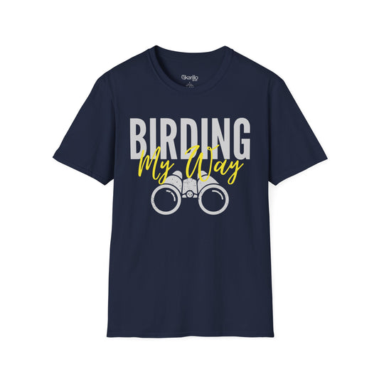 Navy Blue unisex t-shirt featuring 'Birding My Way' text with a vintage binoculars graphic — perfect gift for birdwatching enthusiasts