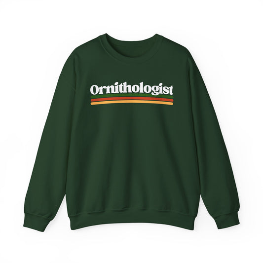 Forest Green sweatshirt with 'Ornithologist' text on a white background