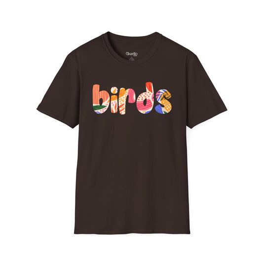 Brown t-shirt with colorful 'birds' text on a white background