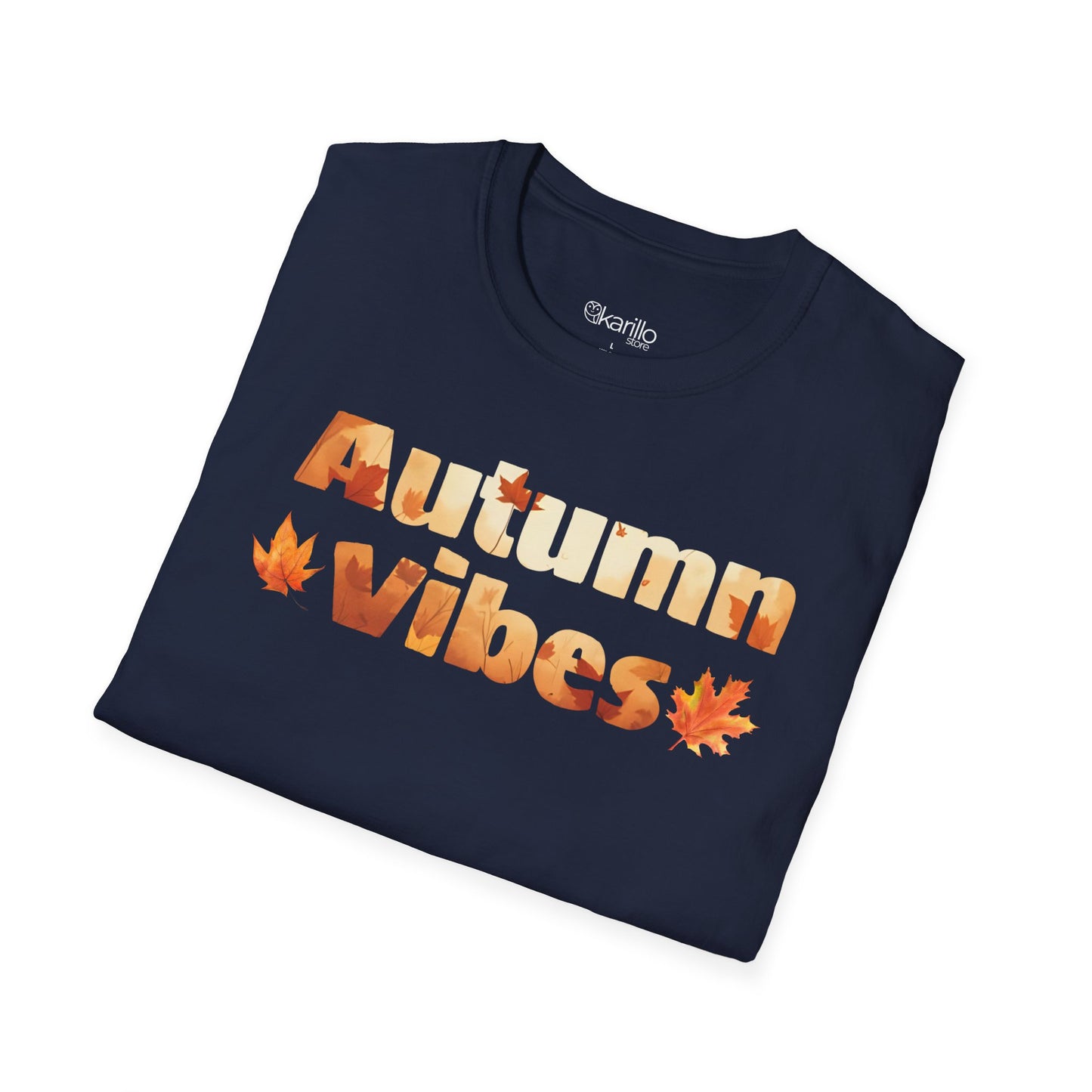Folded navy blue t-shirt with 'Autumn Vibes' text and leaf designs on a white background
