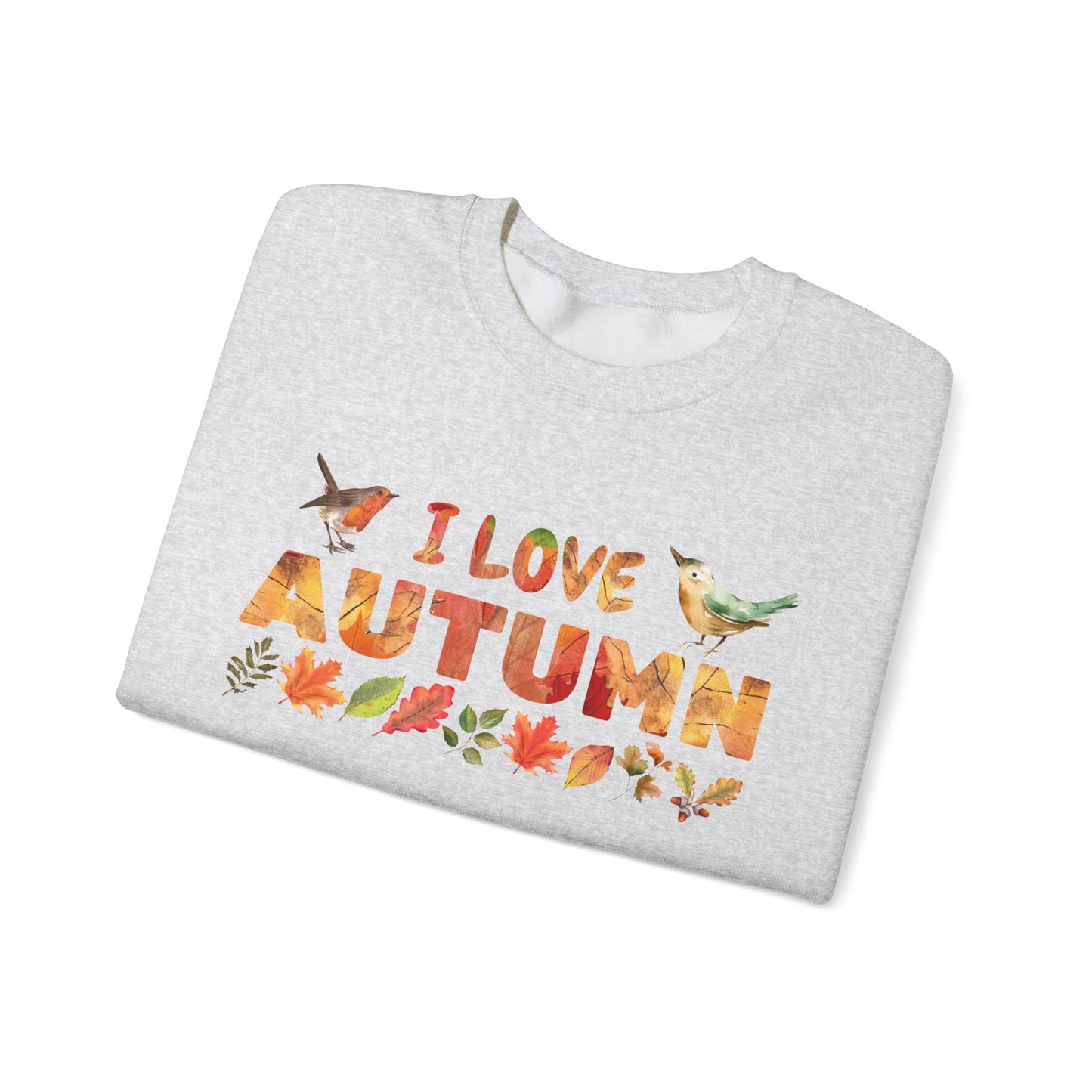 Folded gray sweatshirt with 'I Love Autumn' text and fall-themed graphics on a white background