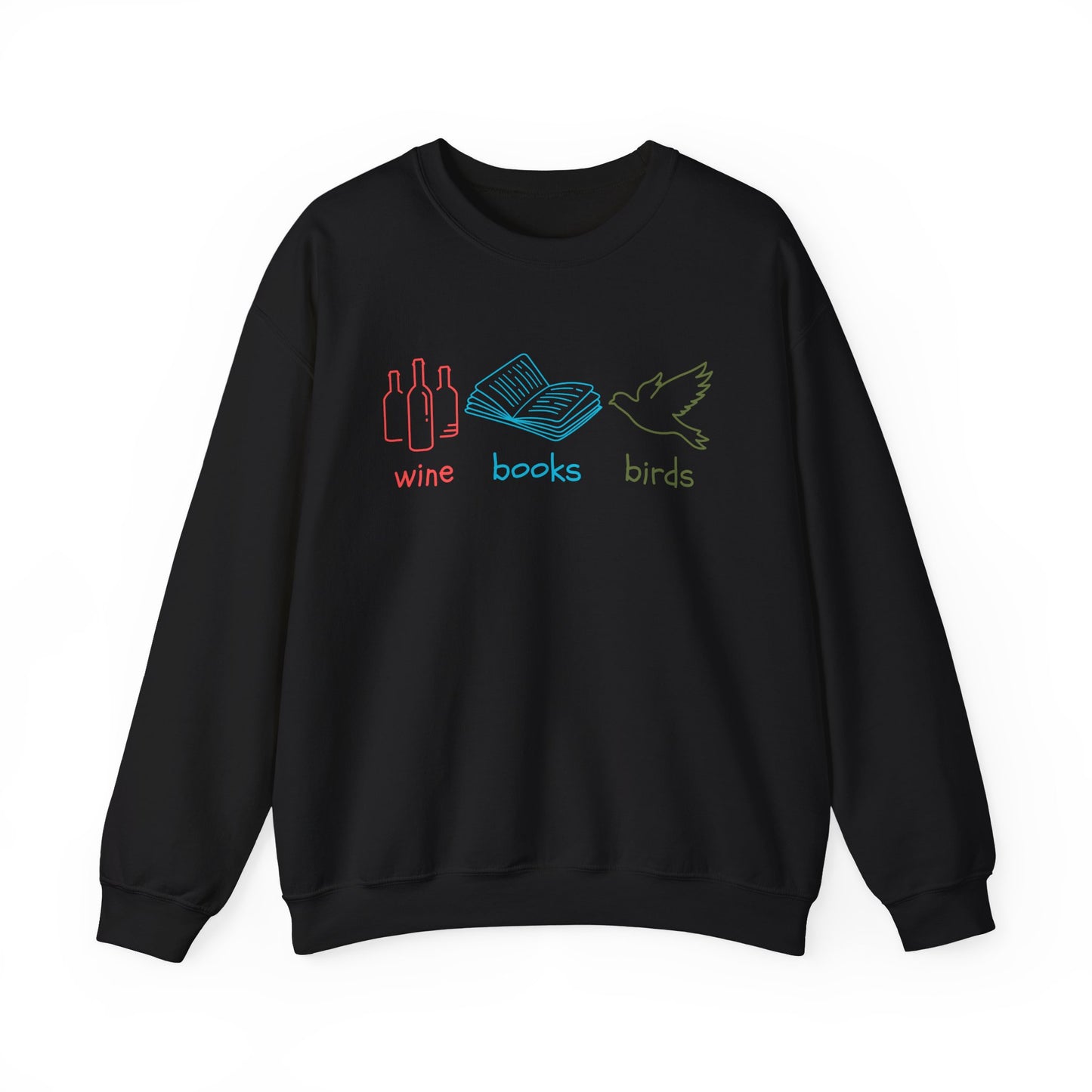 Black sweatshirt with colorful graphics and text on a white background