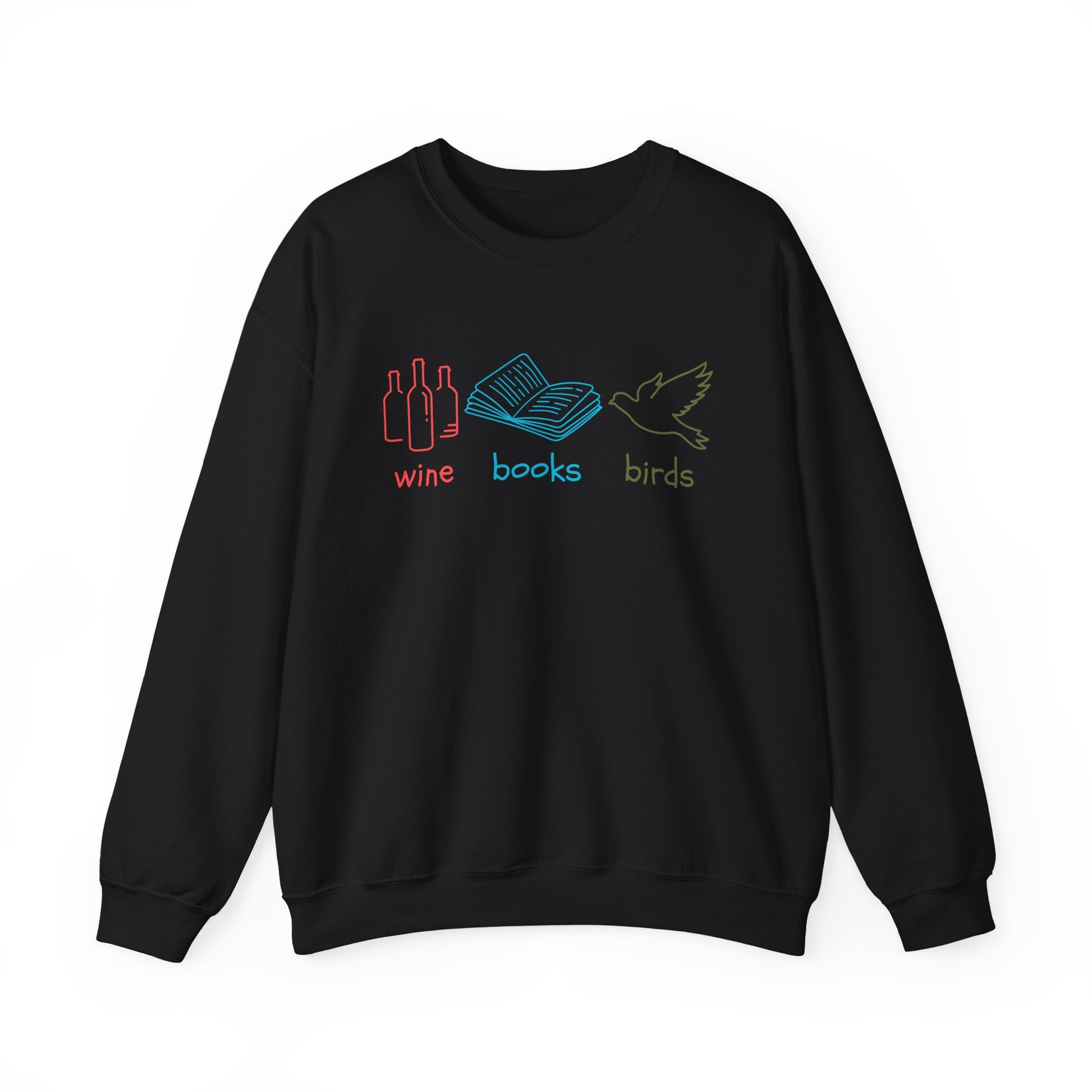 Black sweatshirt with colorful graphics and text on a white background