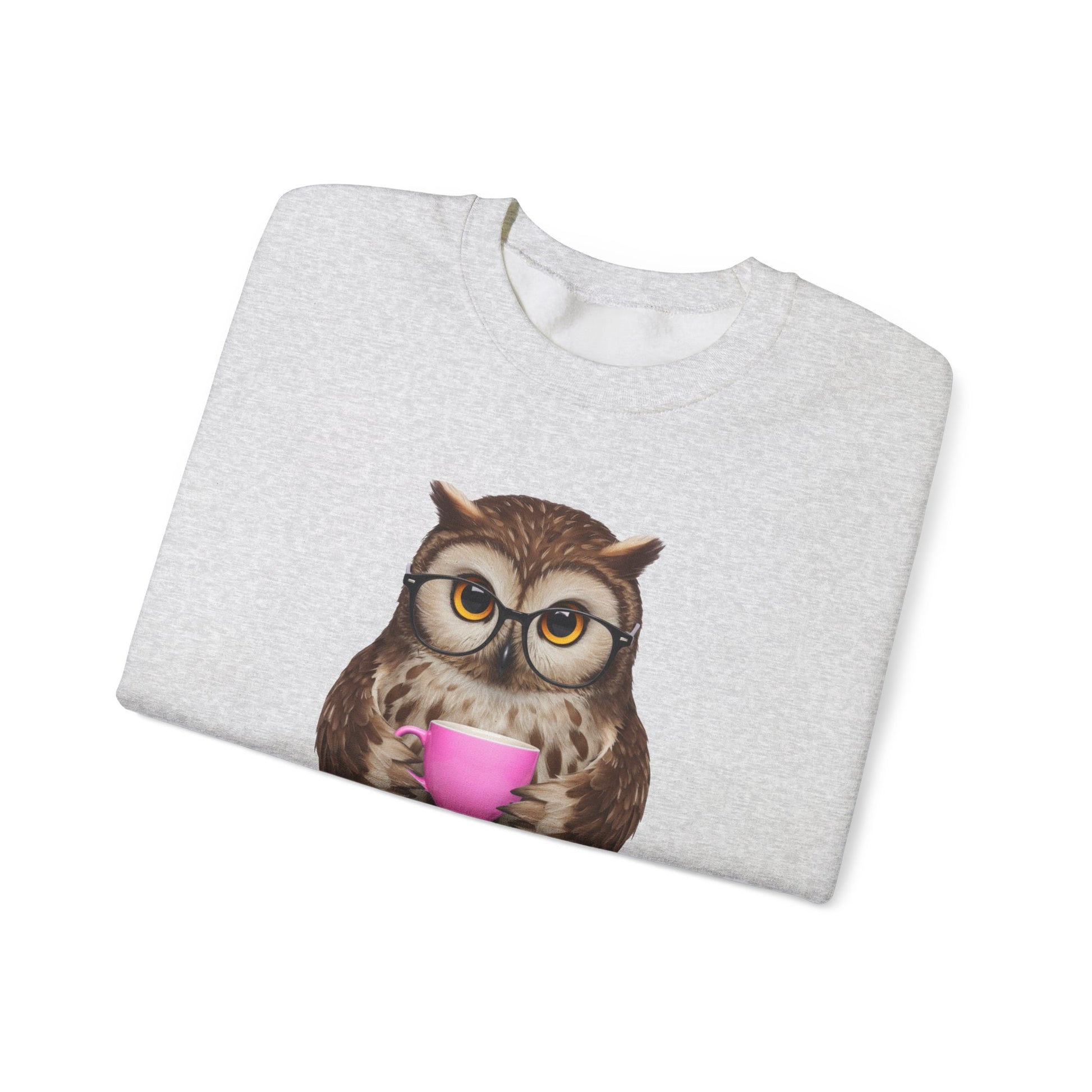 Folded gray sweatshirt with an owl wearing glasses and holding a pink mug design.