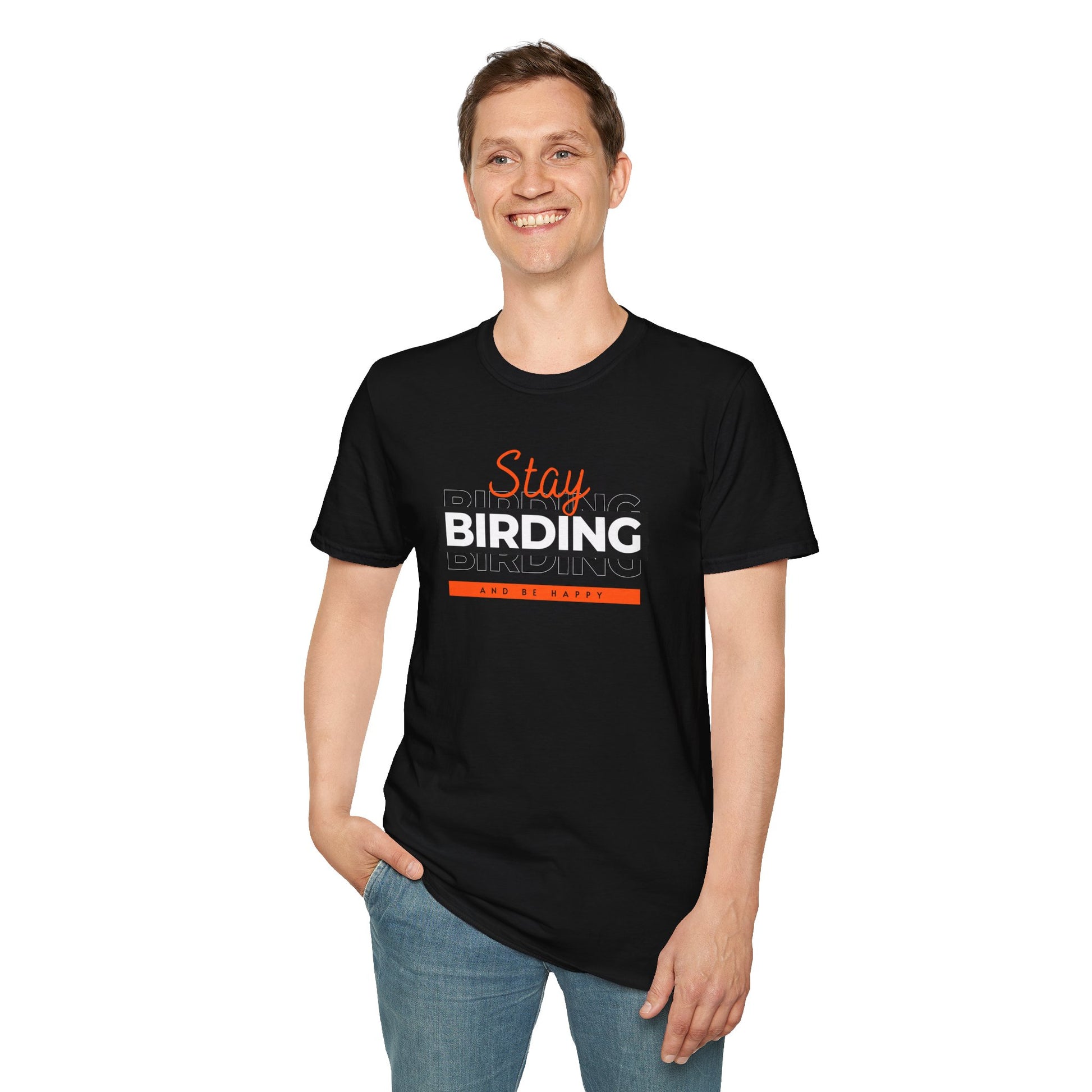 Person wearing a black t-shirt with 'Stay Birding' text on a white background