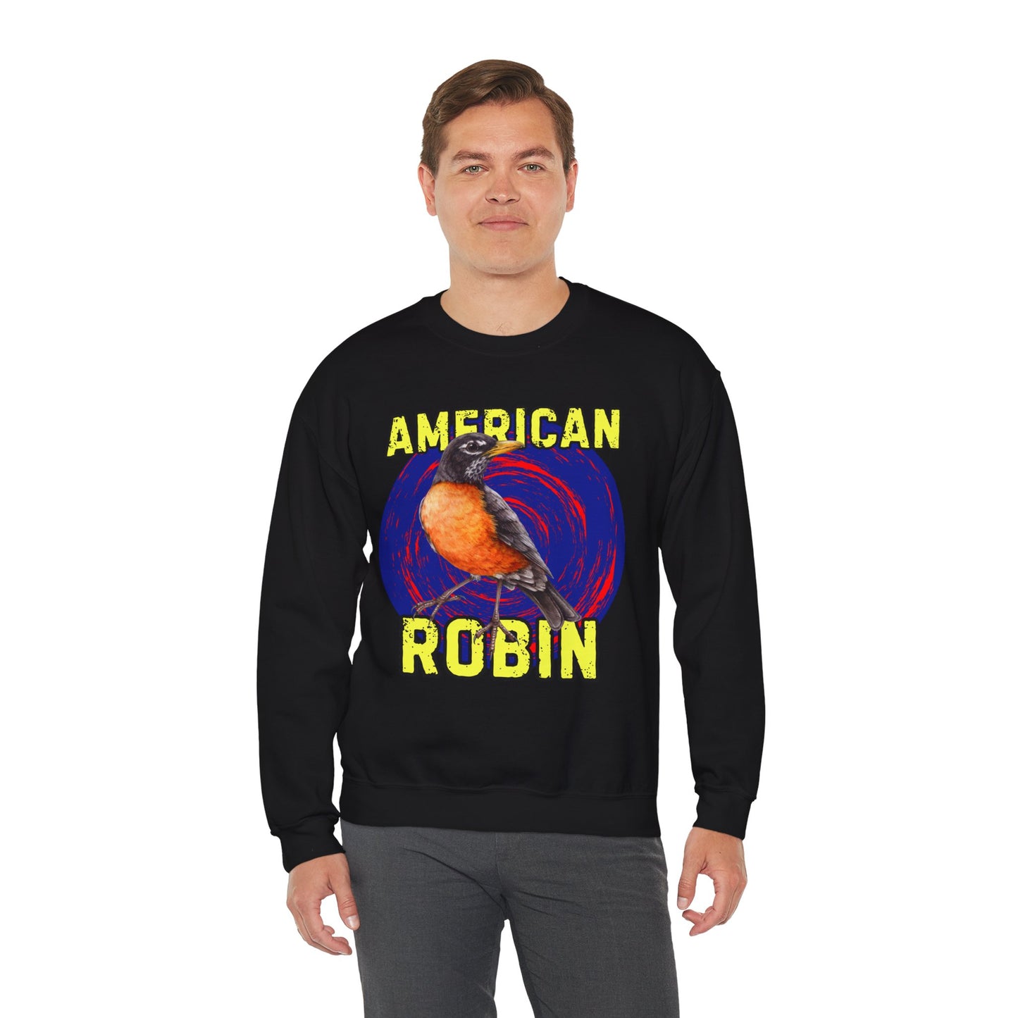 Person wearing a black sweatshirt with 'American Robin' design on a white background