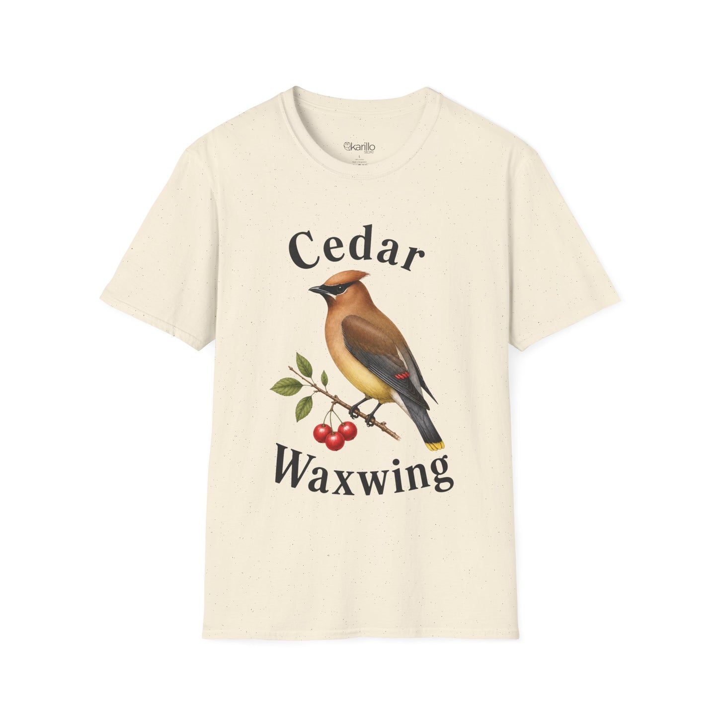 Beige t-shirt with a cedar waxwing graphic and text on a white background