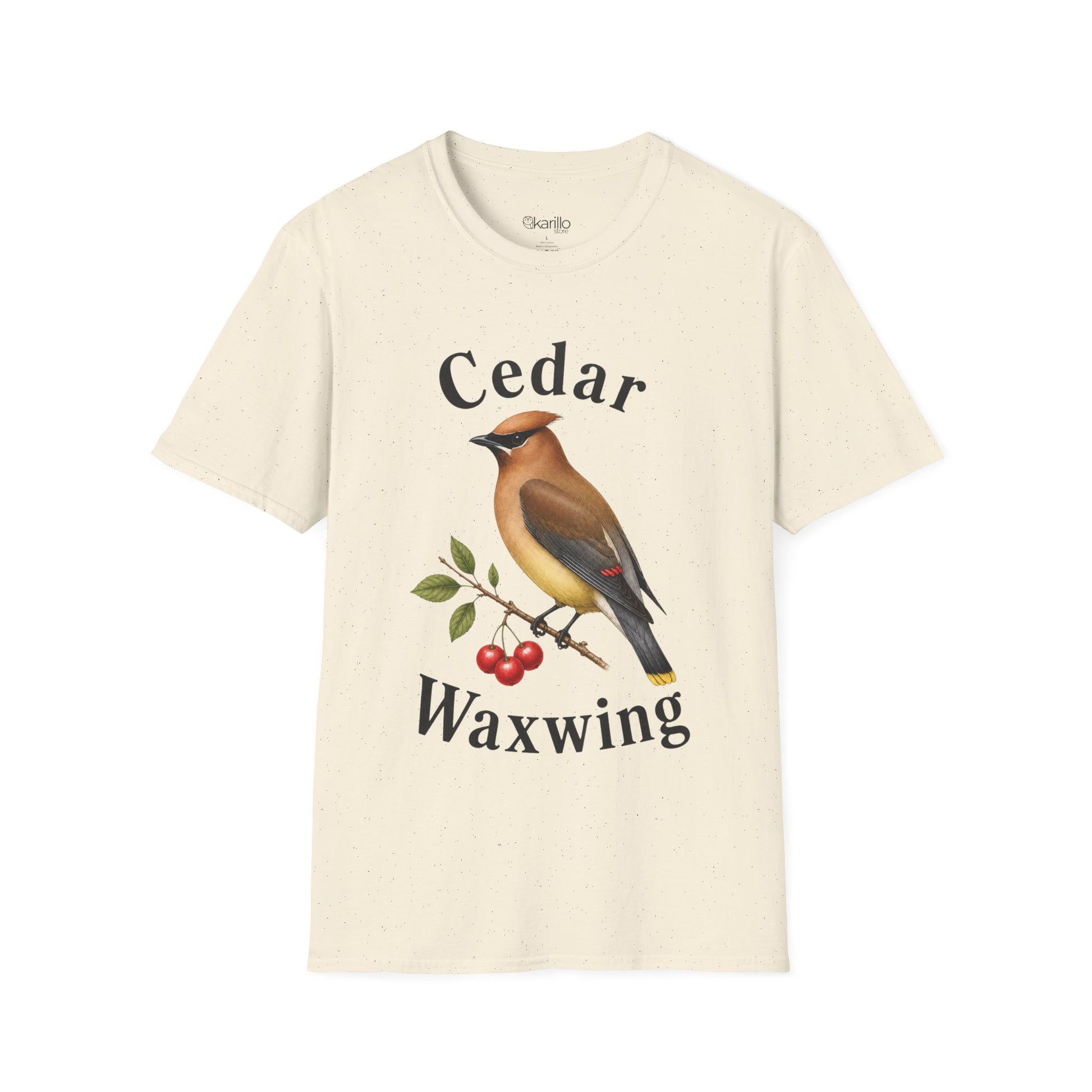 Beige t-shirt with a cedar waxwing graphic and text on a white background