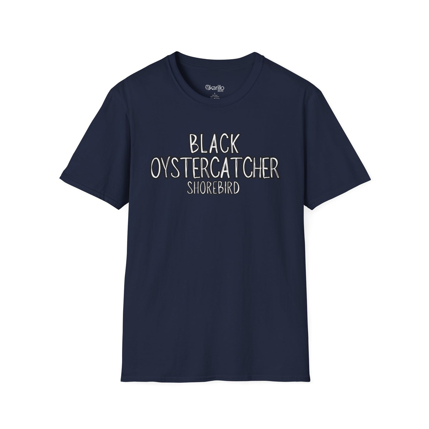 Front view navy blue t-shirt with 'Black Oystercatcher Shorebird' text on a white background