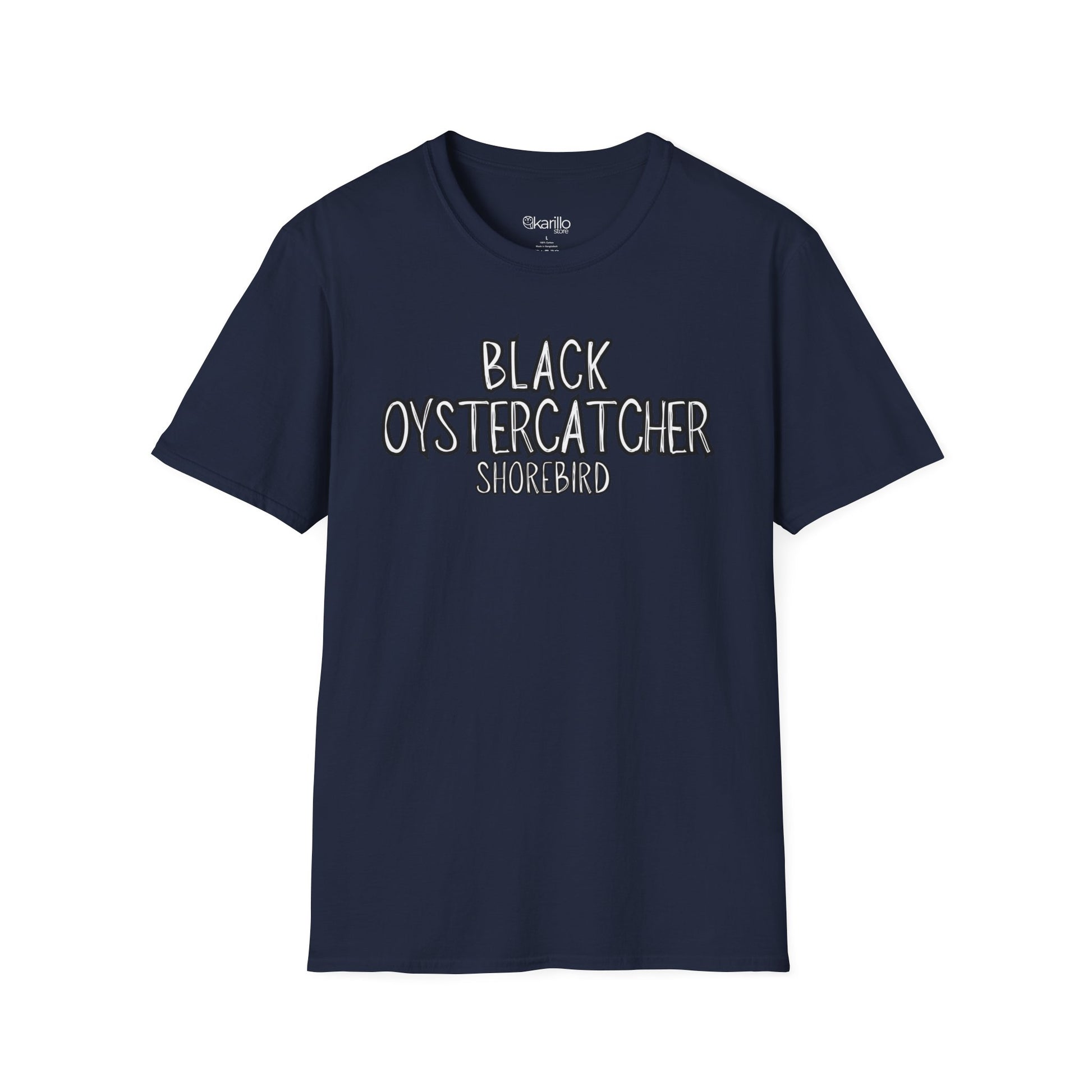 Front view navy blue t-shirt with 'Black Oystercatcher Shorebird' text on a white background