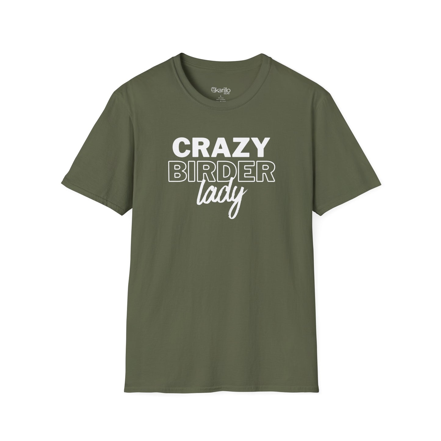 MIlitary green t-shirt with "crazy birder girl" text on a white background