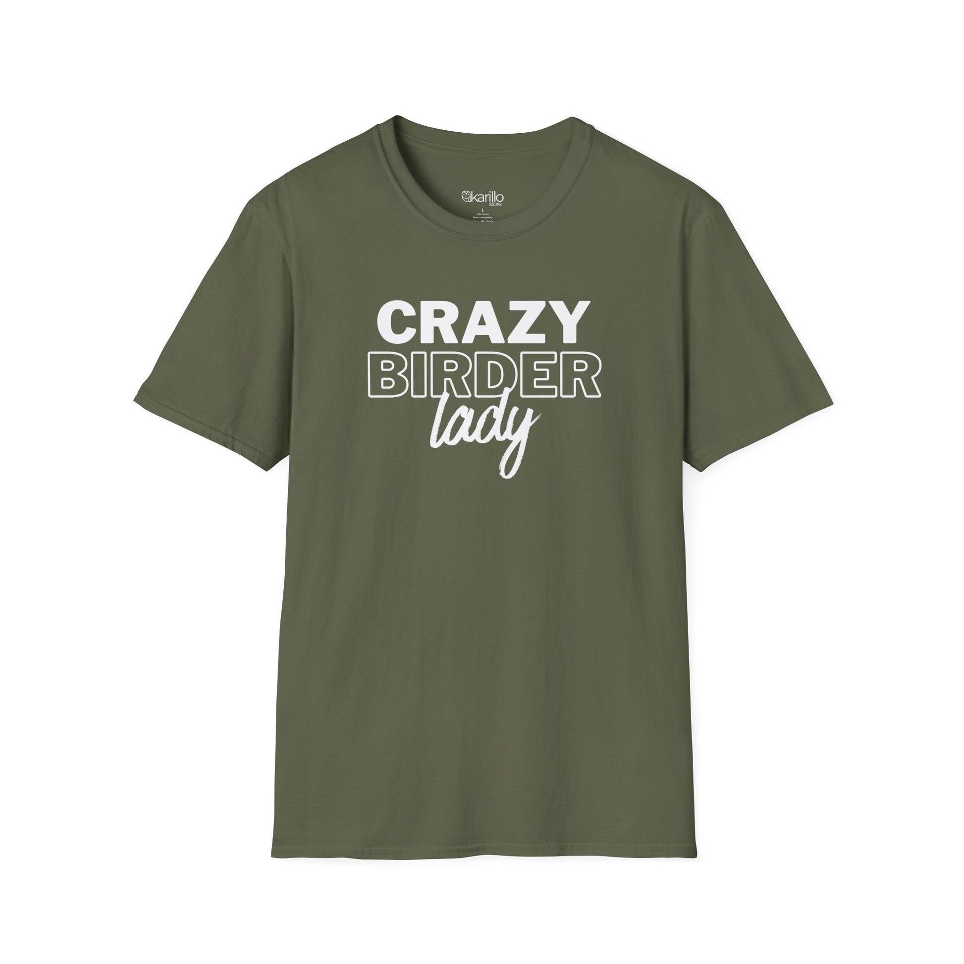 MIlitary green t-shirt with "crazy birder girl" text on a white background