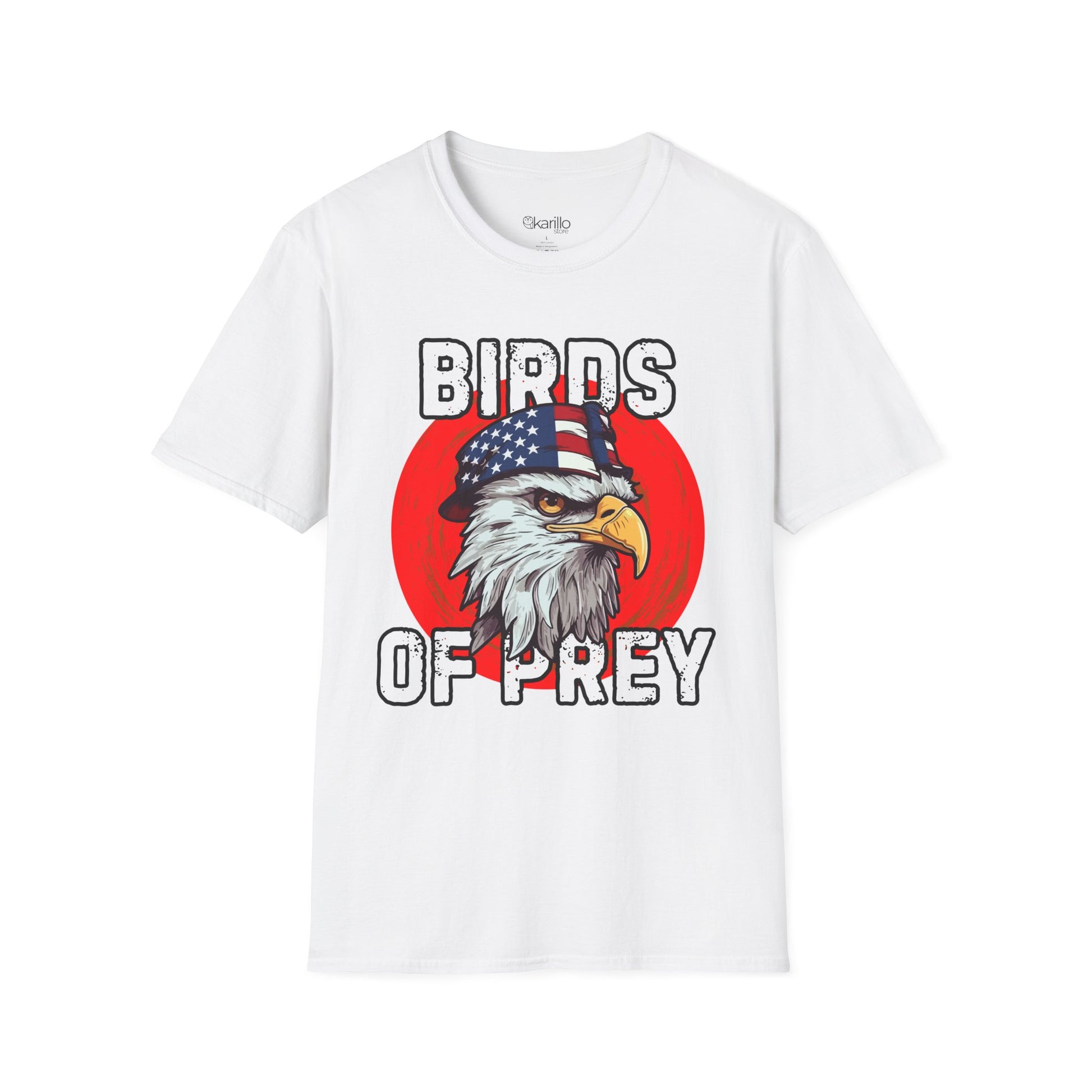 White t-shirt with an eagle graphic and 'Birds of Prey' text on a white background