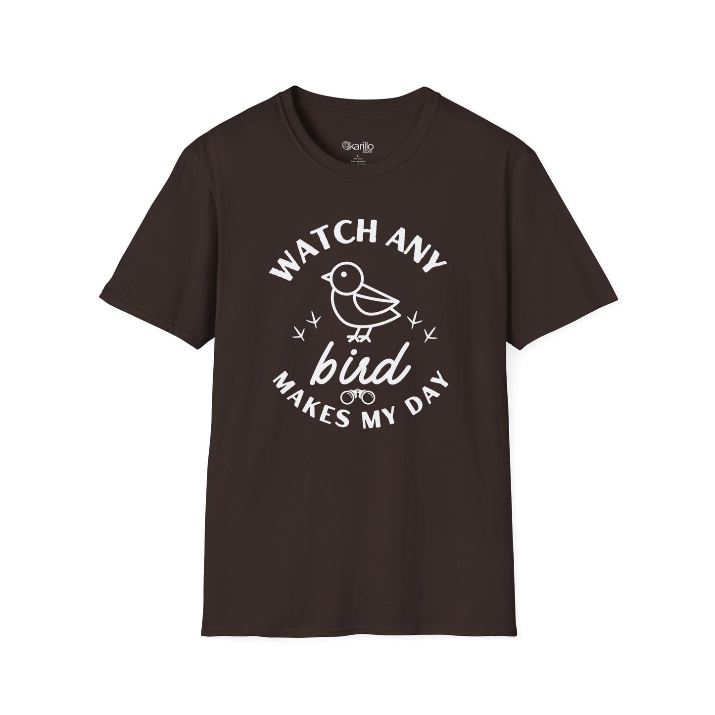 Front view Brown t-shirt with "watch any bird" text and bird graphic on a white background