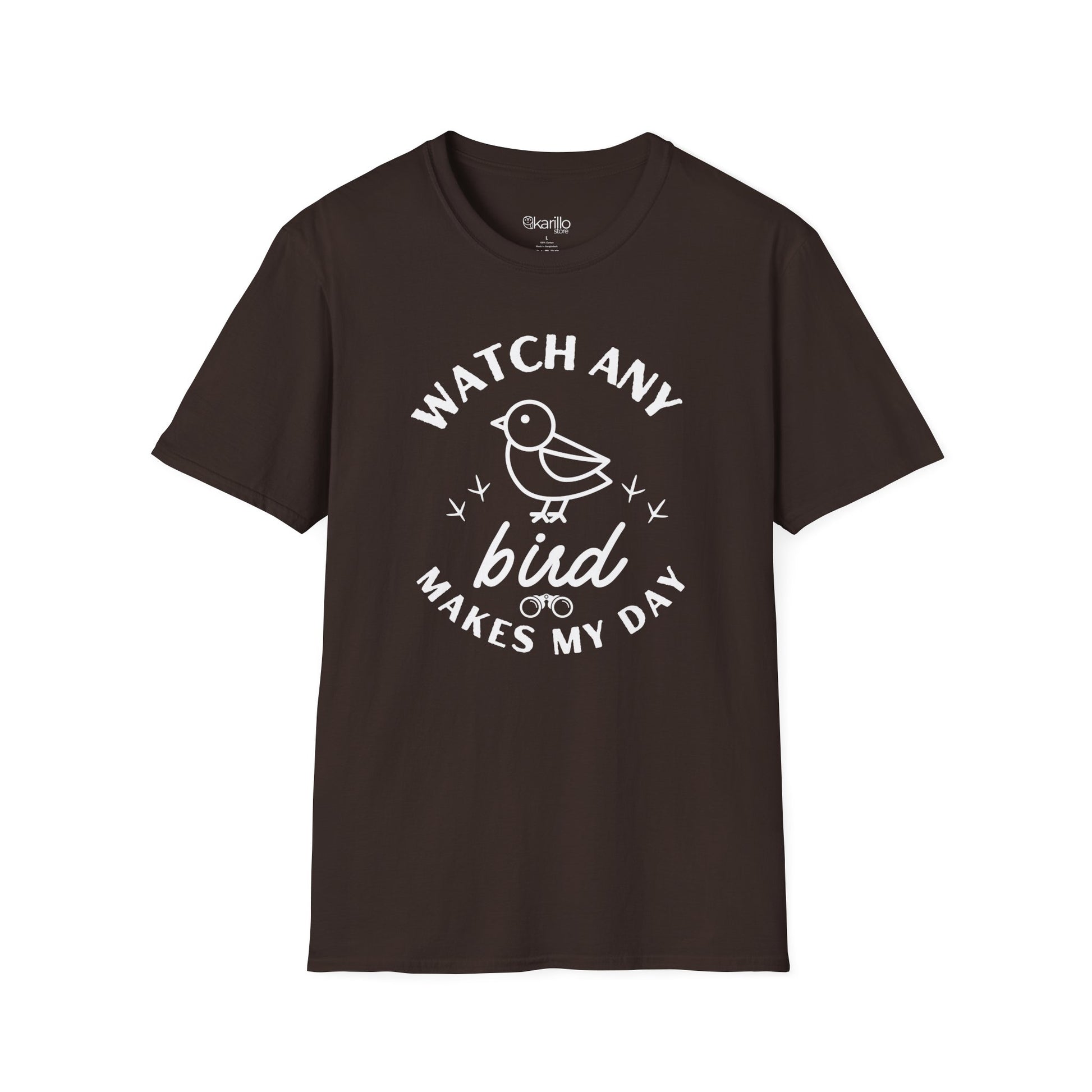 Front view Brown t-shirt with "watch any bird" text and bird graphic on a white background