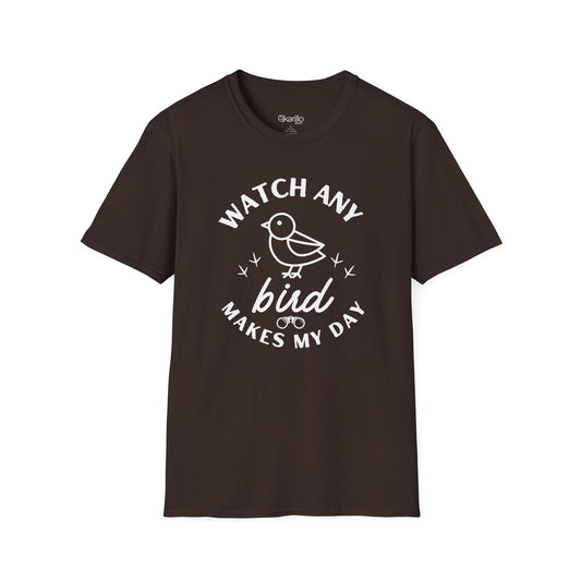 Front view Brown t-shirt with "watch any bird" text and bird graphic on a white background