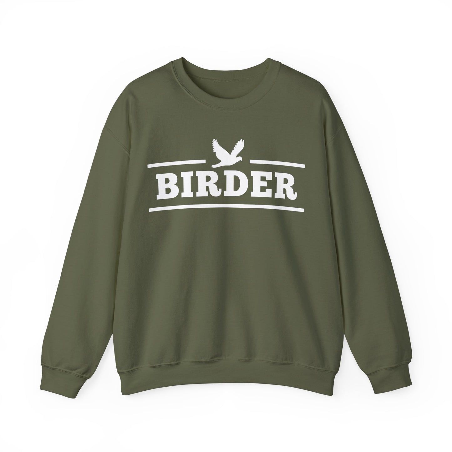 Green sweatshirt with 'BIRDER' text and bird graphic on a white background