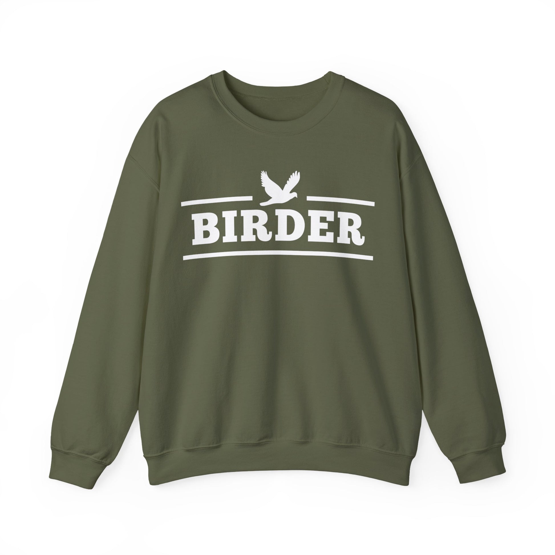 Green sweatshirt with 'BIRDER' text and bird graphic on a white background