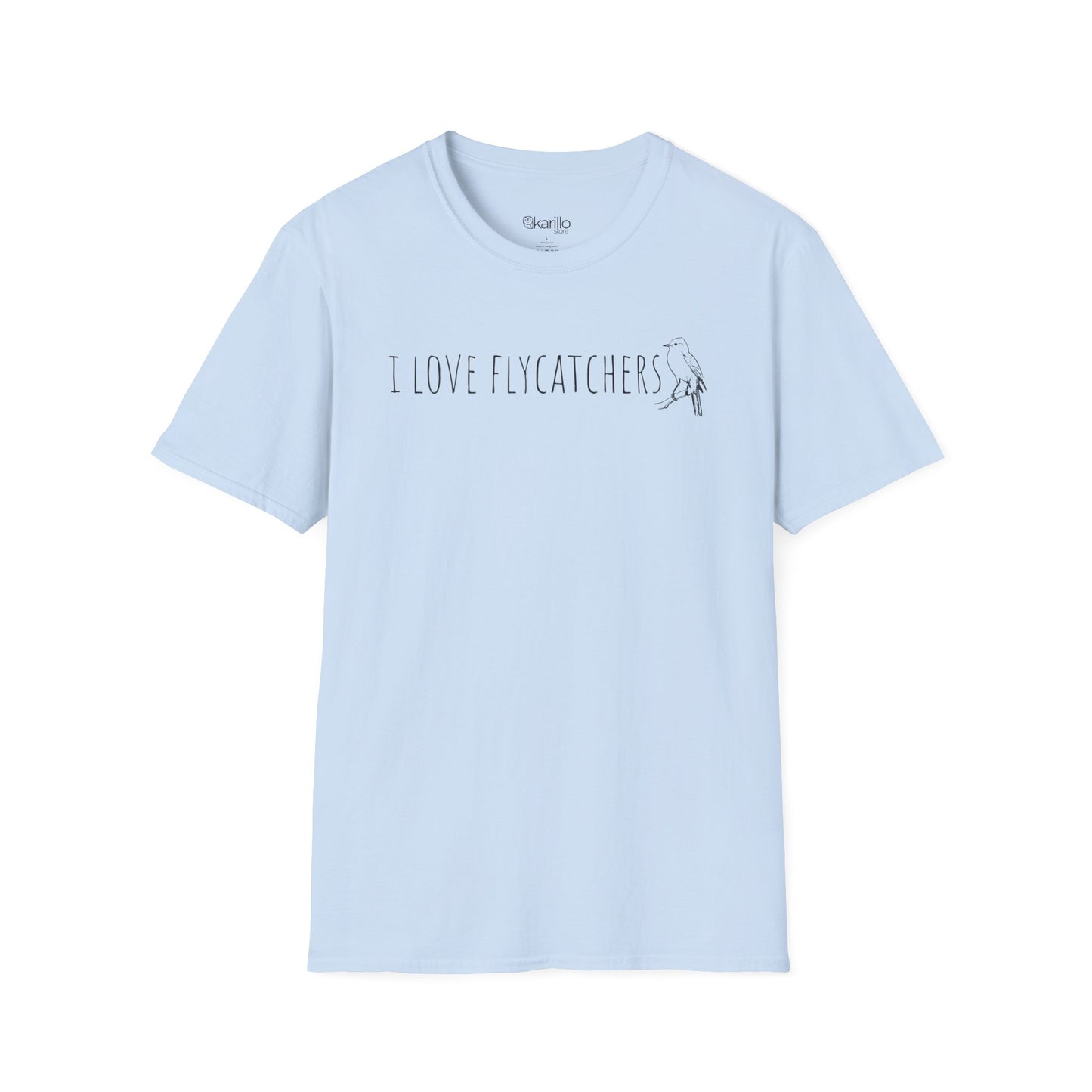 Light blue t-shirt with 'I LOVE FLYCATCHERS' text on a white background
