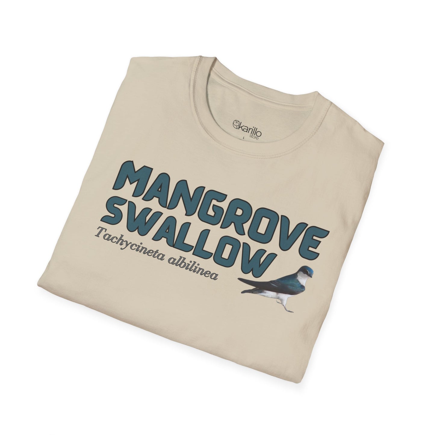 Folded view of Sand color t-shirt with 'Mangrove Swallow' text and bird graphic on a white background