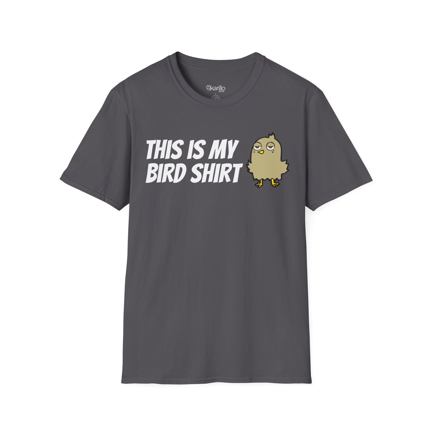 Dark gray t-shirt with "this is my bird shirt" with a graphic cartoon bird on a  white background. 