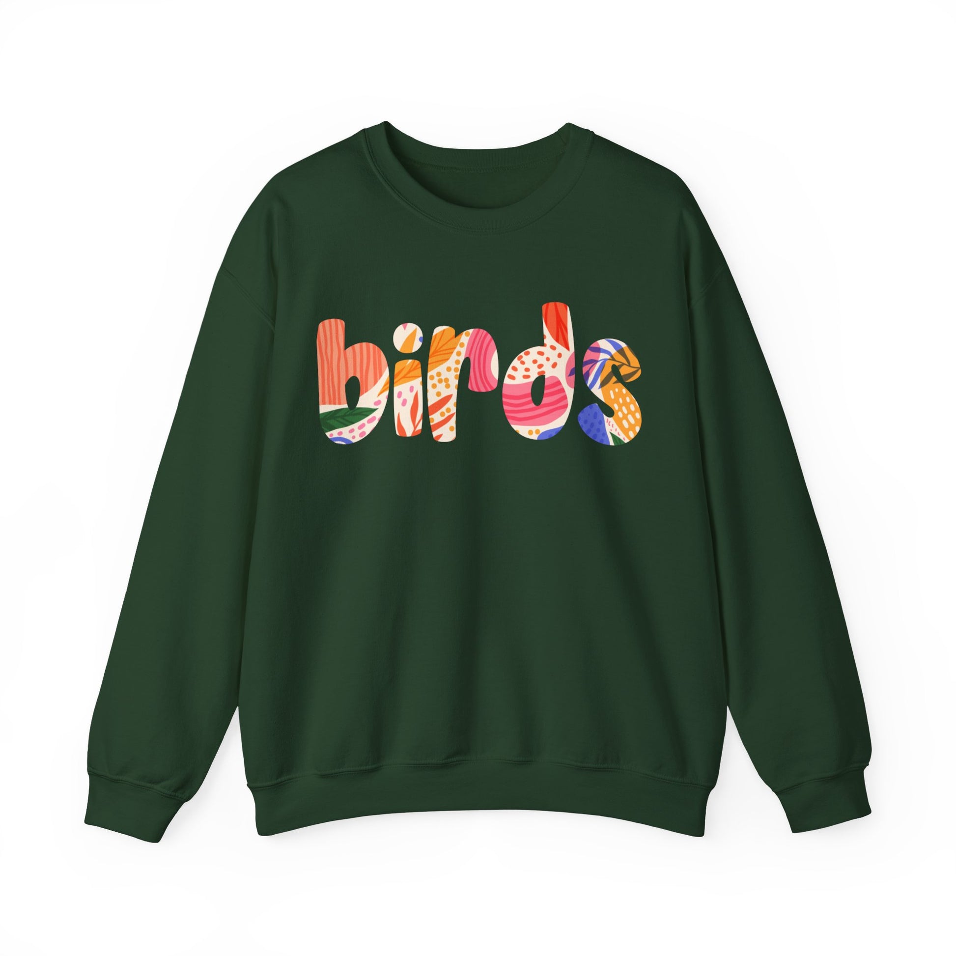 Green sweatshirt with colorful 'birds' text on a white background