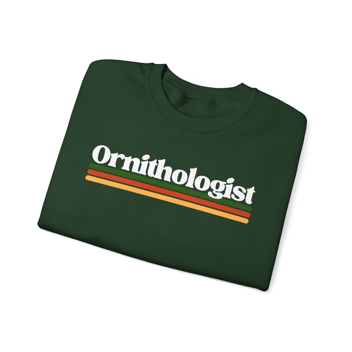 Folded green t-shirt with 'Ornithologist' text on a white background