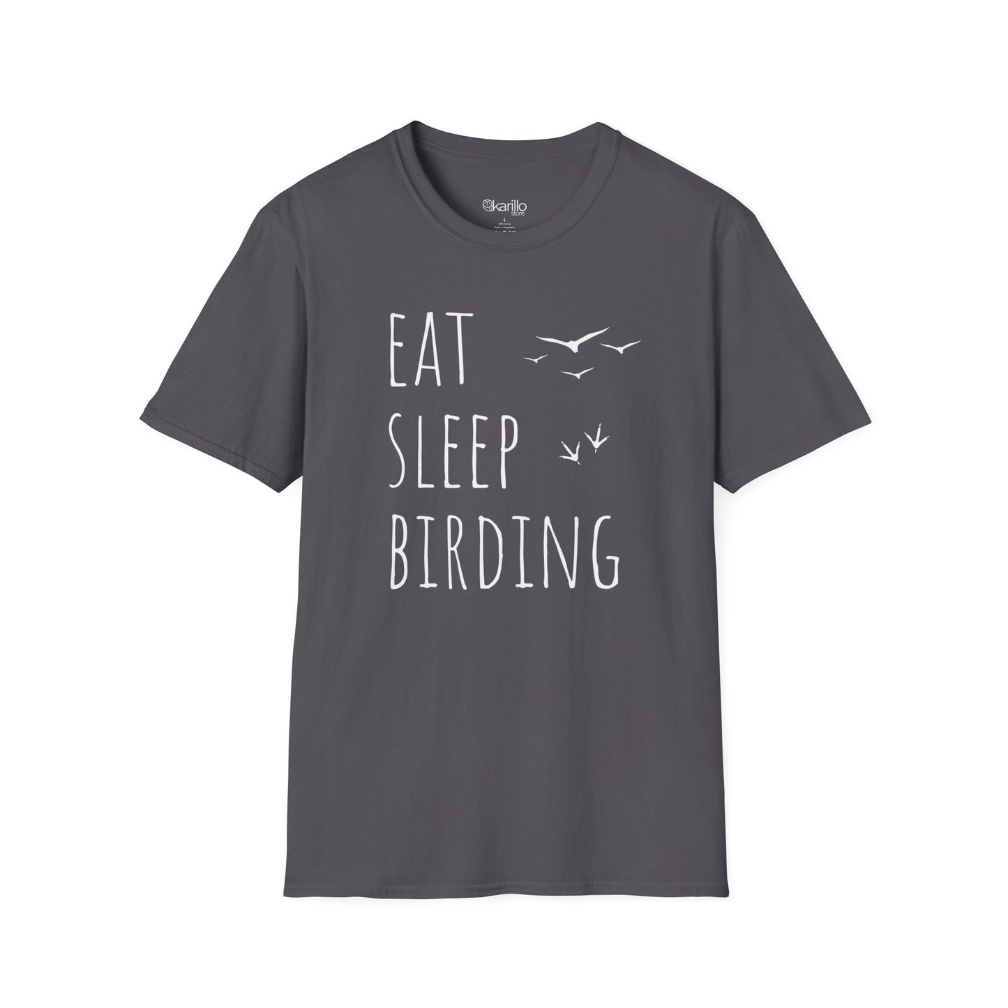 Gray t-shirt with 'Eat Sleep Birding' text on a white background