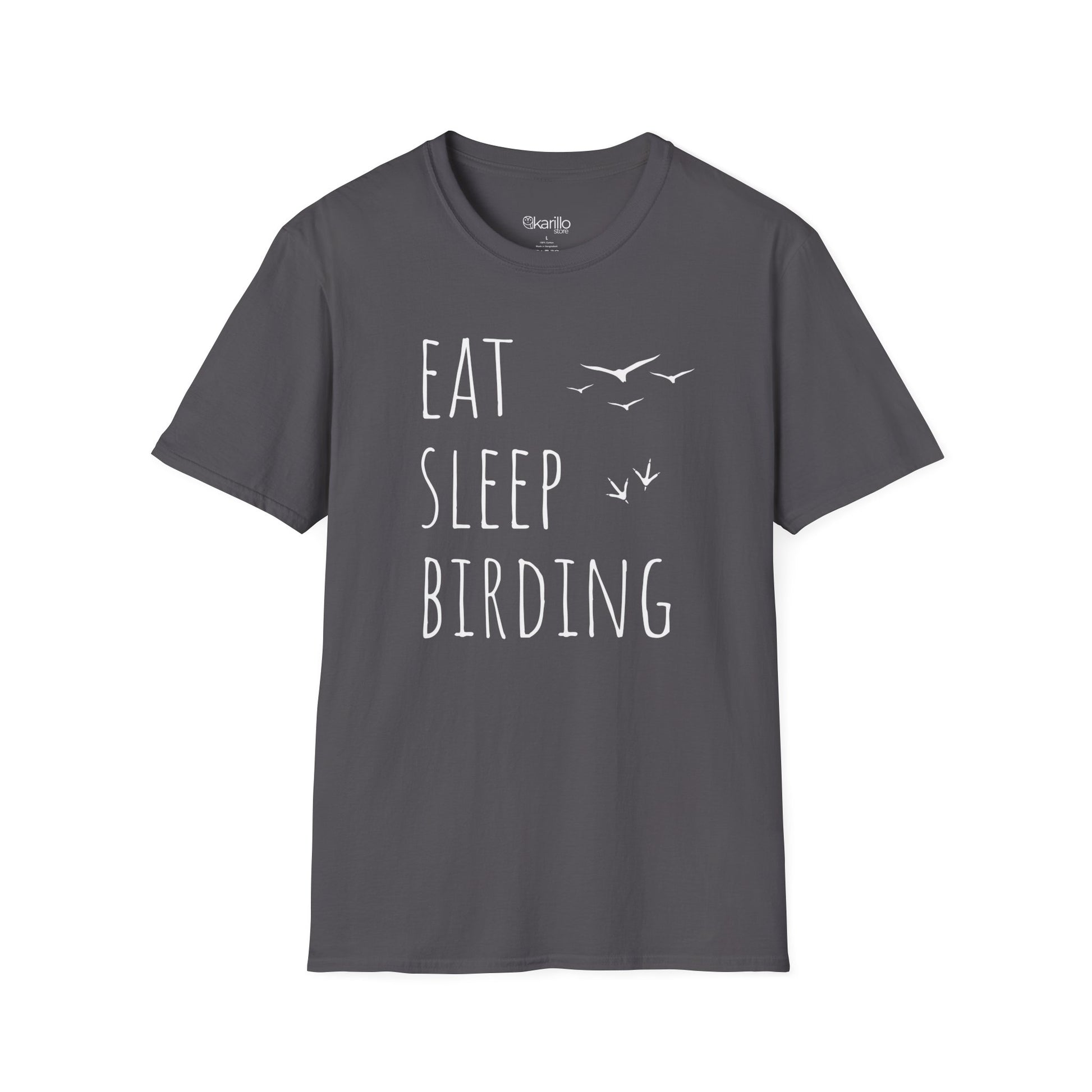 Gray t-shirt with 'Eat Sleep Birding' text on a white background