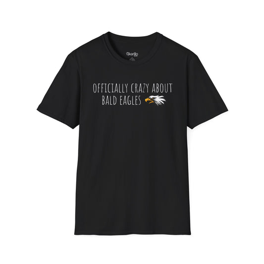 Front view black t-shirt with text 'Officially crazy about bald eagles' on a white background