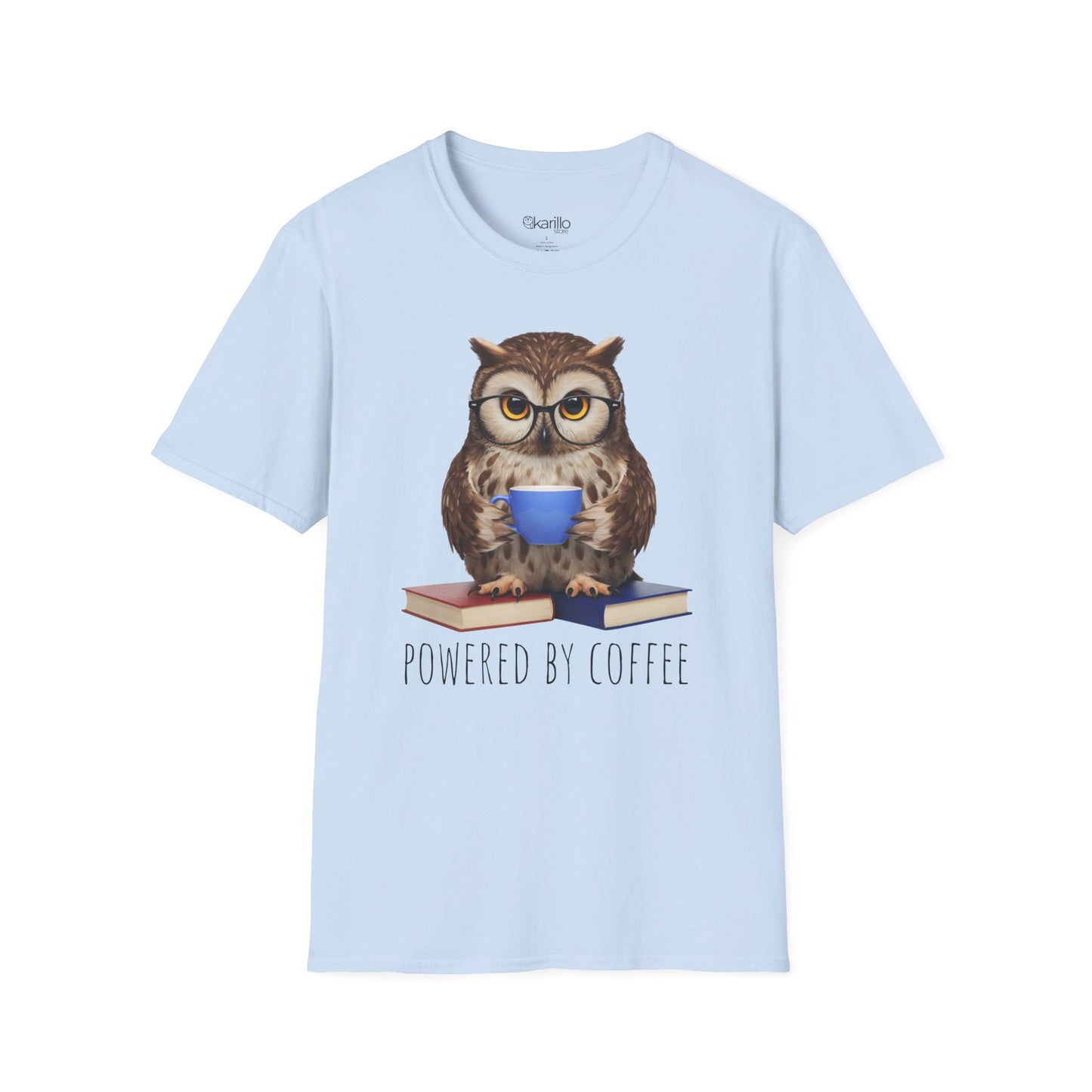 Light blue t-shirt with an owl graphic and 'Powered by Coffee' text on a white background