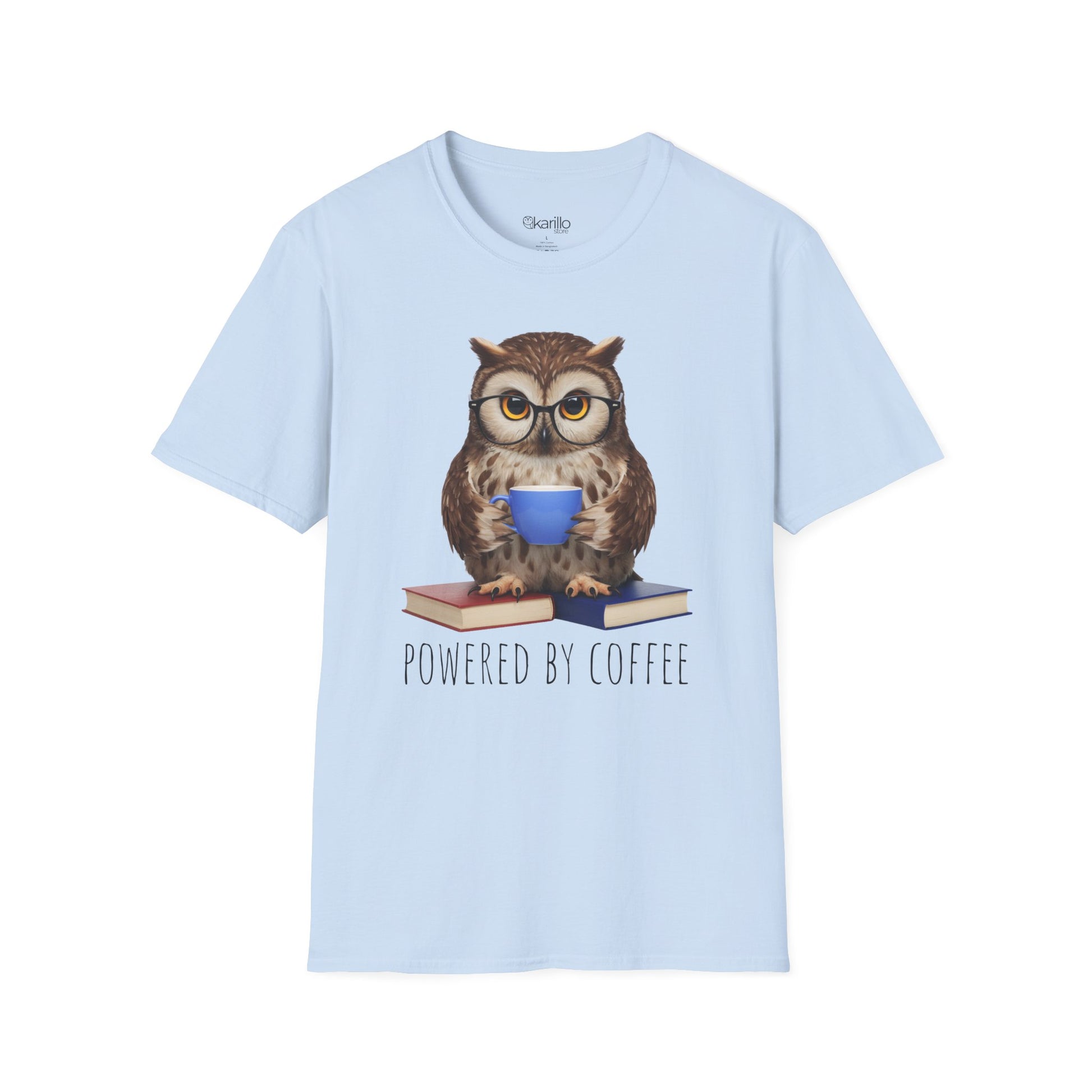 Light blue t-shirt with an owl graphic and 'Powered by Coffee' text on a white background
