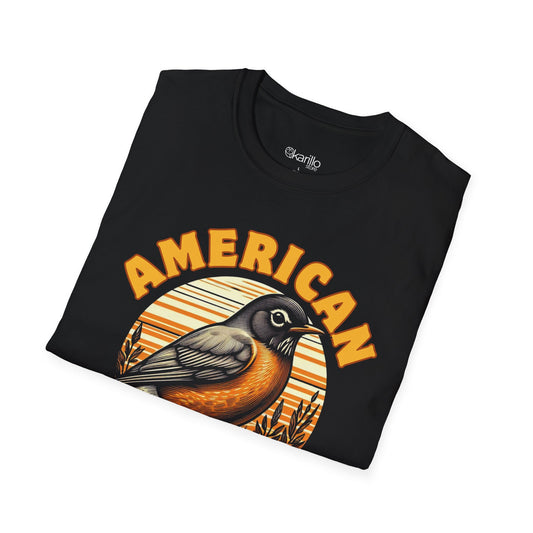 folded black t-shirt with a bird graphic and 'American' text on a white background