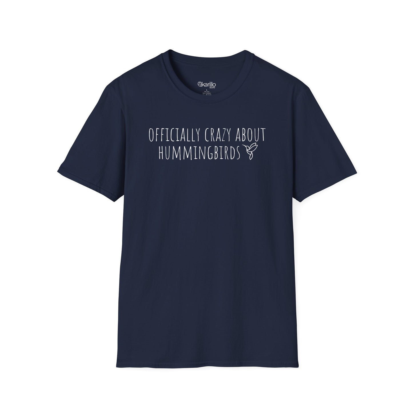 Front view navy blue t-shirt with text 'Officially crazy about hummingbirds' on a white background