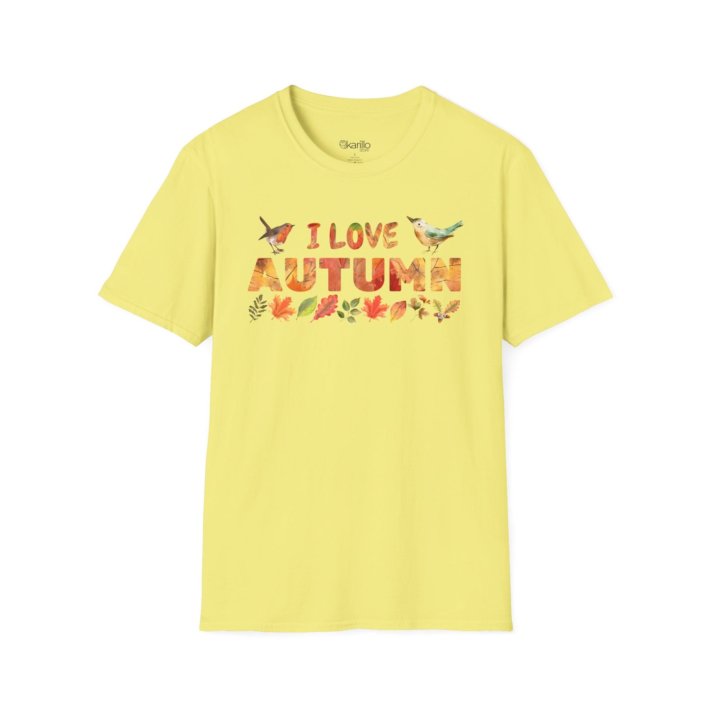 Yellow t-shirt with 'I Love Autumn' text and bird graphics on a white background