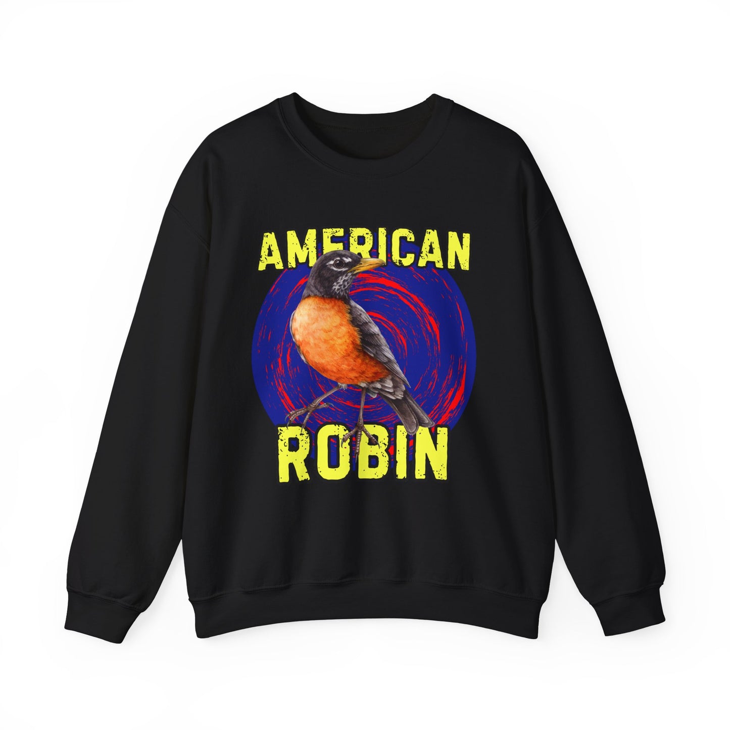 Black sweatshirt with 'American Robin' graphic on a white background