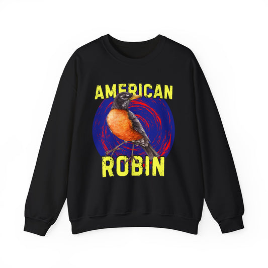 Black sweatshirt with 'American Robin' graphic on a white background