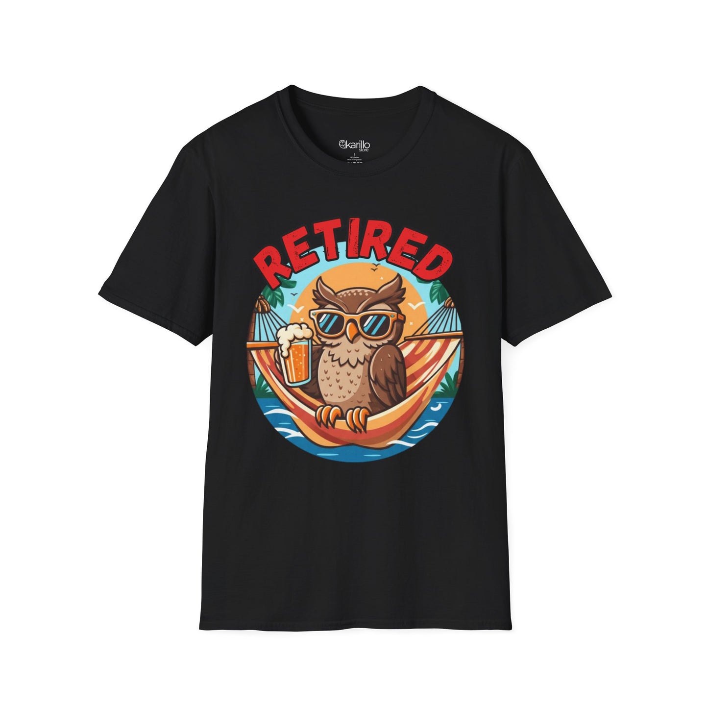 Black t-shirt with a graphic of an owl in sunglasses and a hammock, accompanied by the word 'Retired'.
