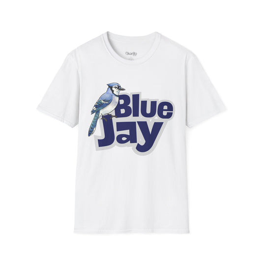 White t-shirt with a blue jay bird graphic and 'Blue Jay' text on a white background