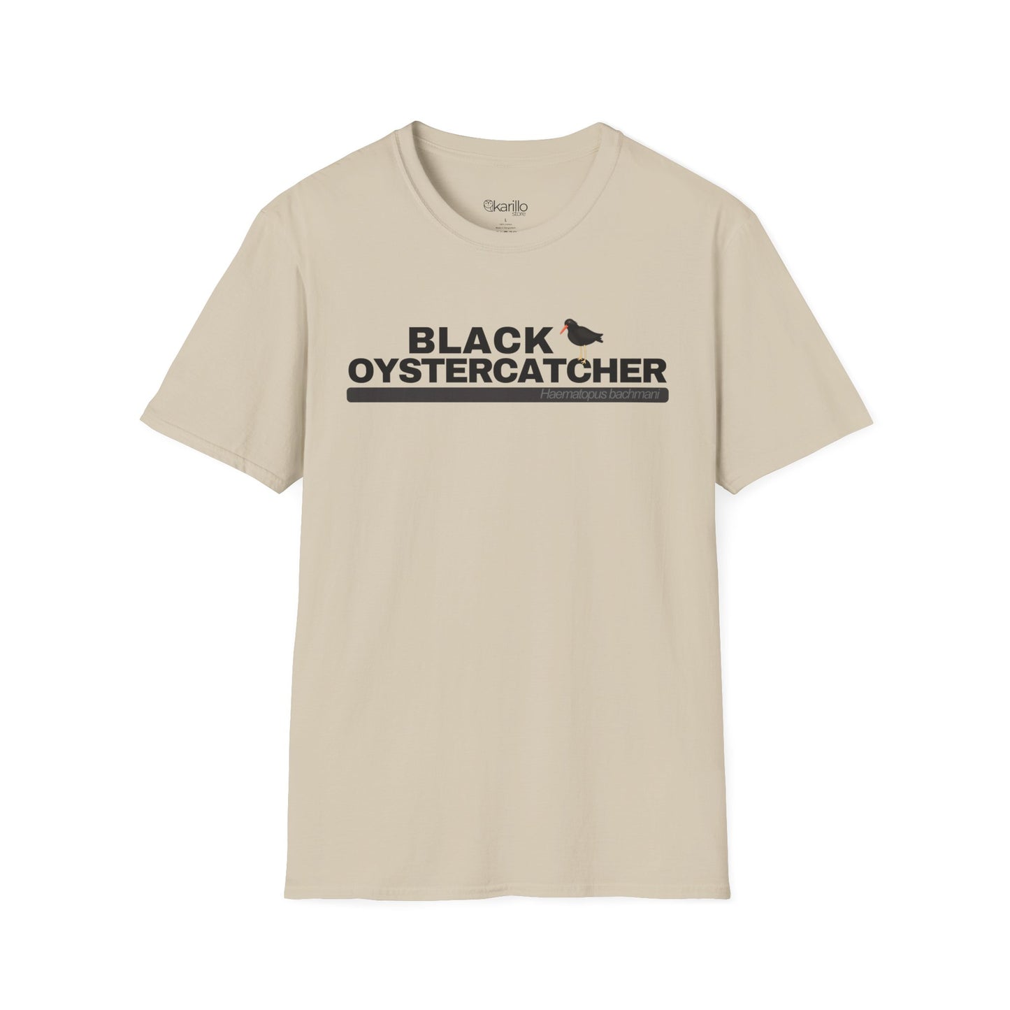 Sand color t-shirt with 'Black Oystercatcher' text on a white background