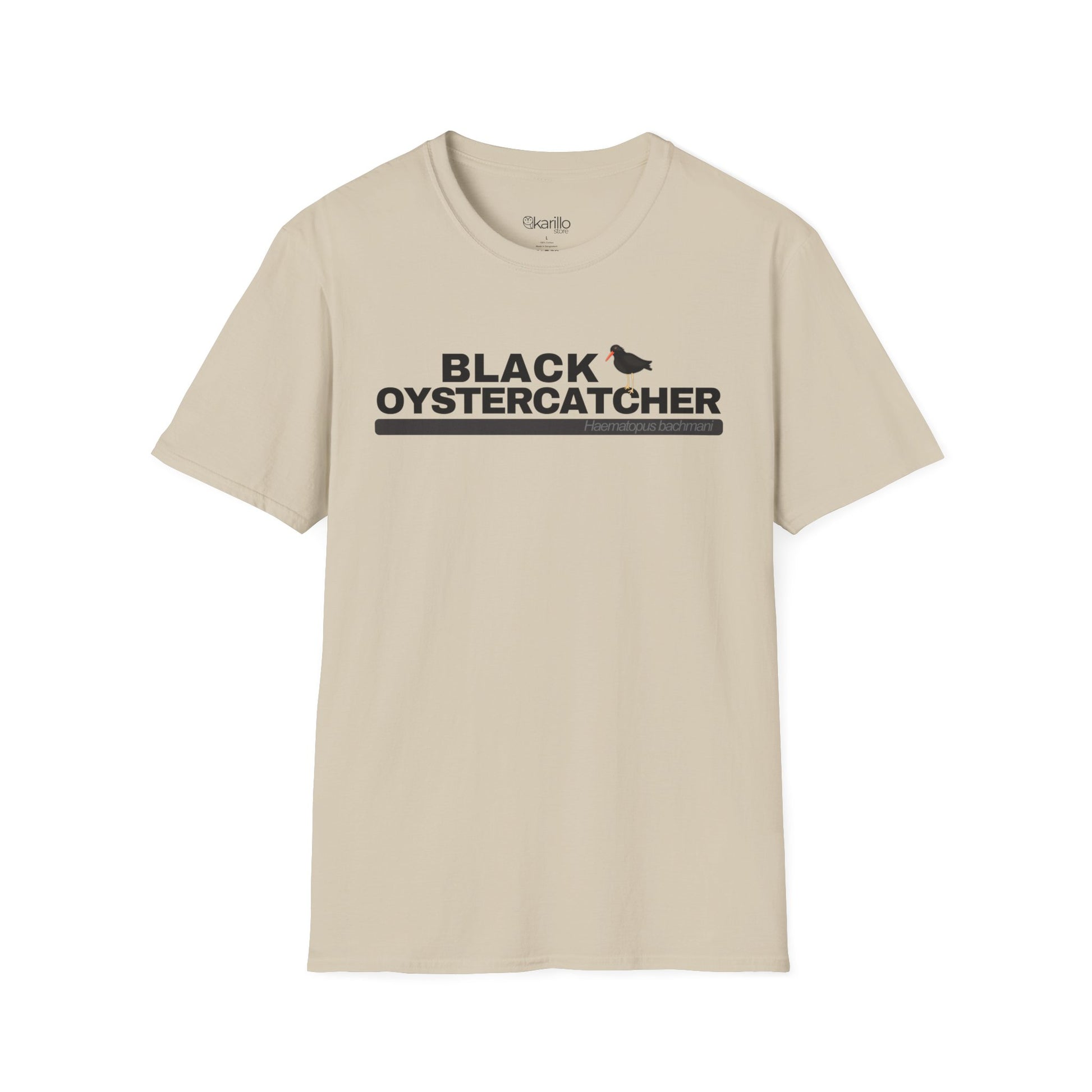 Sand color t-shirt with 'Black Oystercatcher' text on a white background