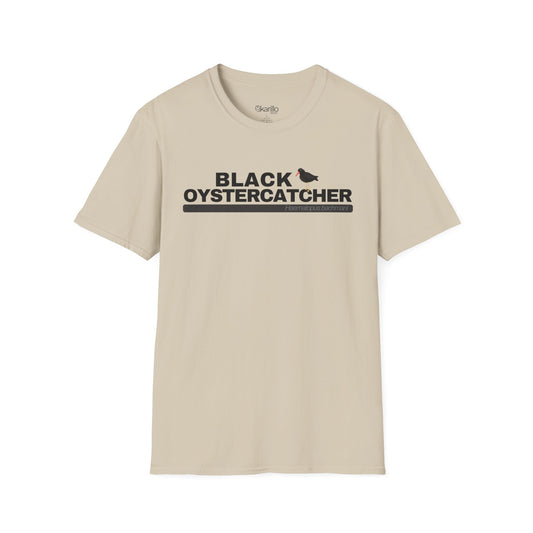 Sand color t-shirt with 'Black Oystercatcher' text on a white background