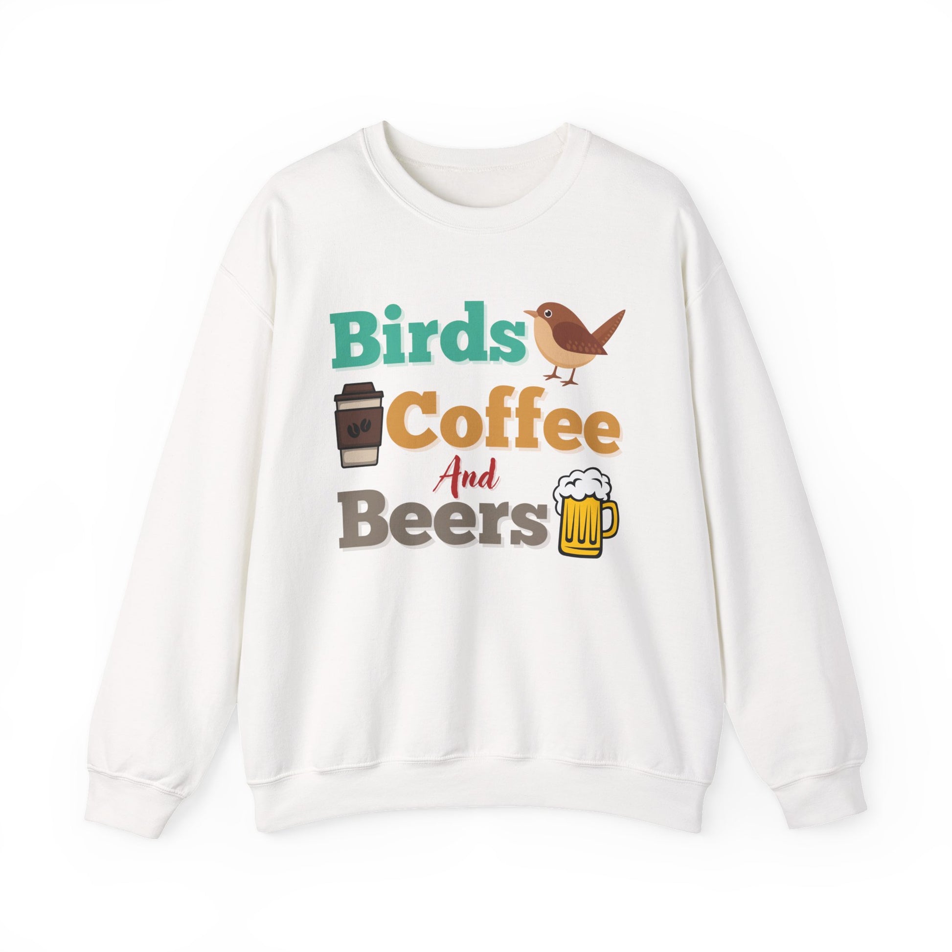 White sweatshirt with colorful "bird, coffee, beers" text and graphics on a white background